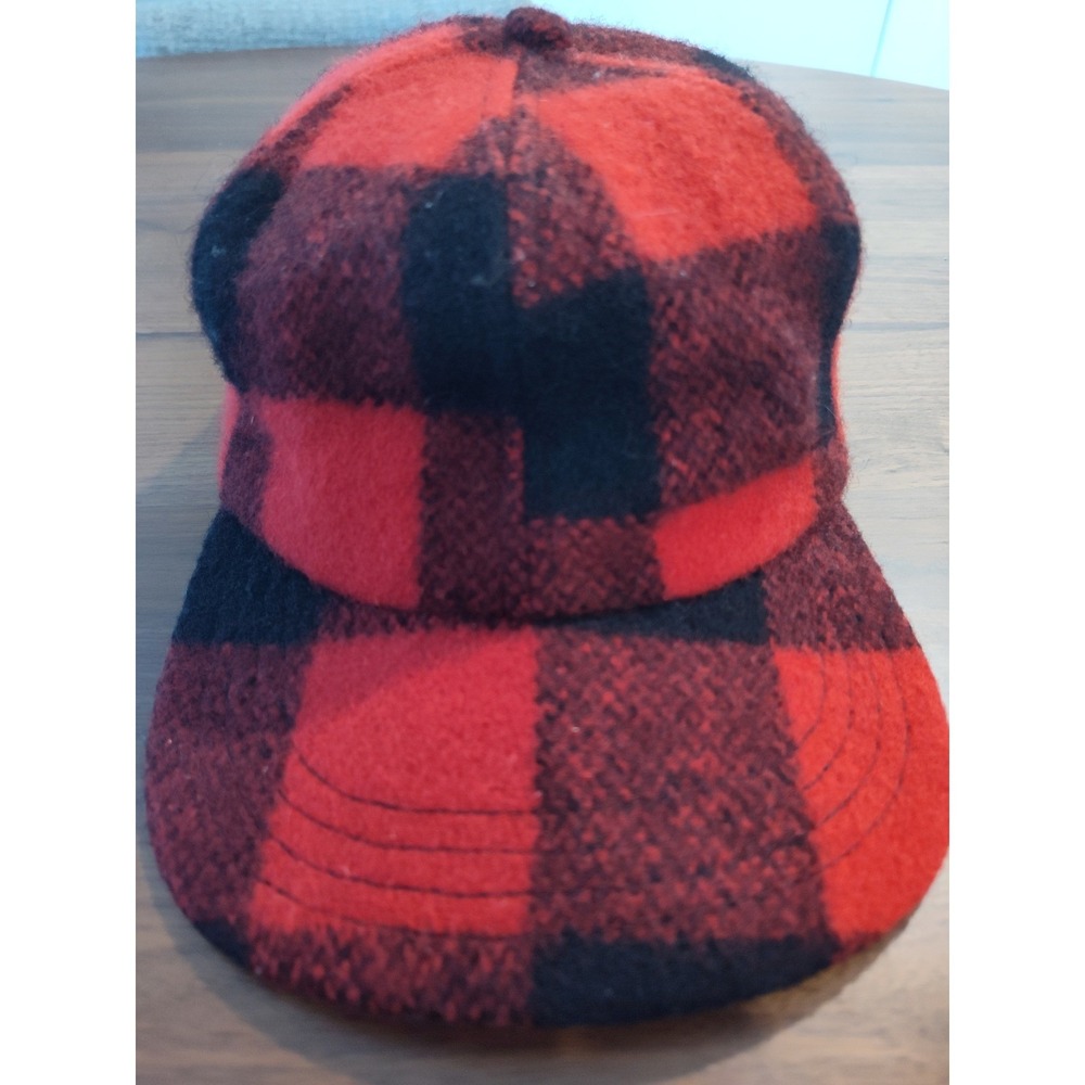 Vintage Buffalo Plaid Wool Blend Hunting Cap Red Black Ear Flaps Made in USA Med